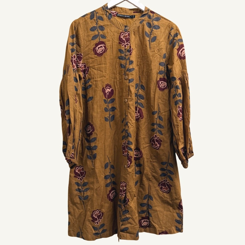 Gudrun Sjoden Tunic Dress Organic Cotton Floral Button Down M Balloon Sleeves